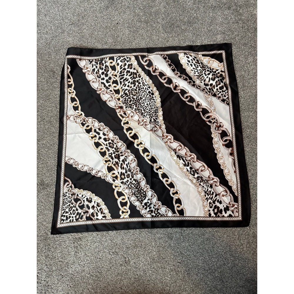 Leopard Print Chain Link Bandana Headwrap Scarf Black White Gold Square Scarf